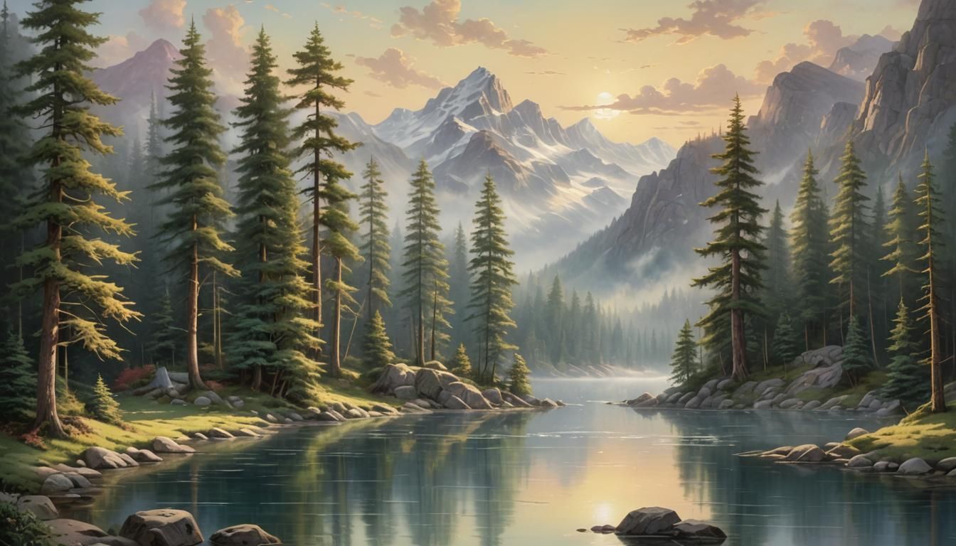 A tranquil mountain lake surrounded by pine trees, reflectin...