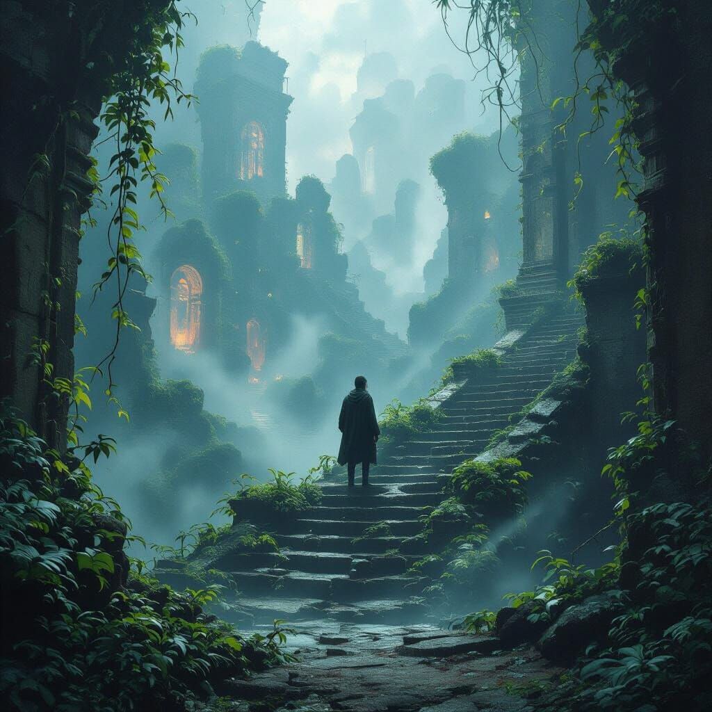 A lone explorer stands on the edge of a crumbling, vine-choked staircase descending into a hidden, ancient city, overgrown with bioluminesce...