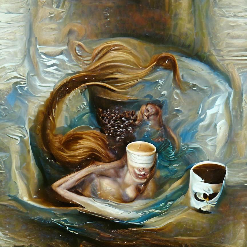 mermaid in a cup of coffee. Oil Painting.
