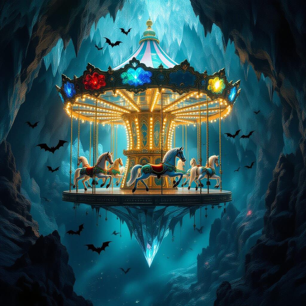 Carousel floats upside-down inside crystal cavern.
Reflections shimmer across jagged mirrored ceilings.
Bats glide around jeweled mechanical...