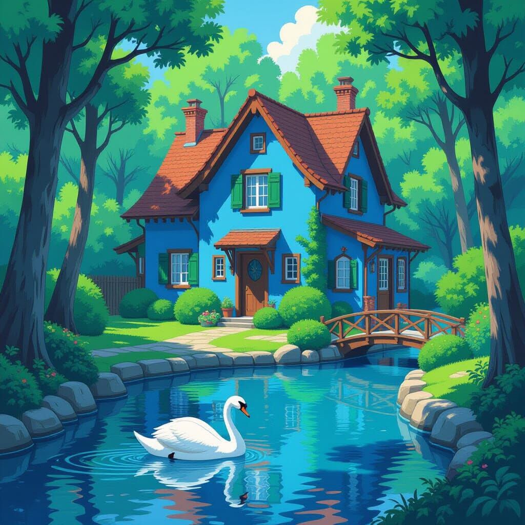 House in Blue Courtyard with Swan, Miyazaki Style
