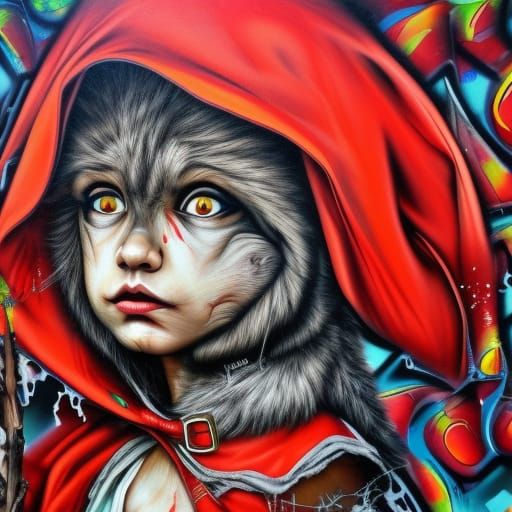 Little Red riding hood with a wolf, amazingly hyperdetailed,...