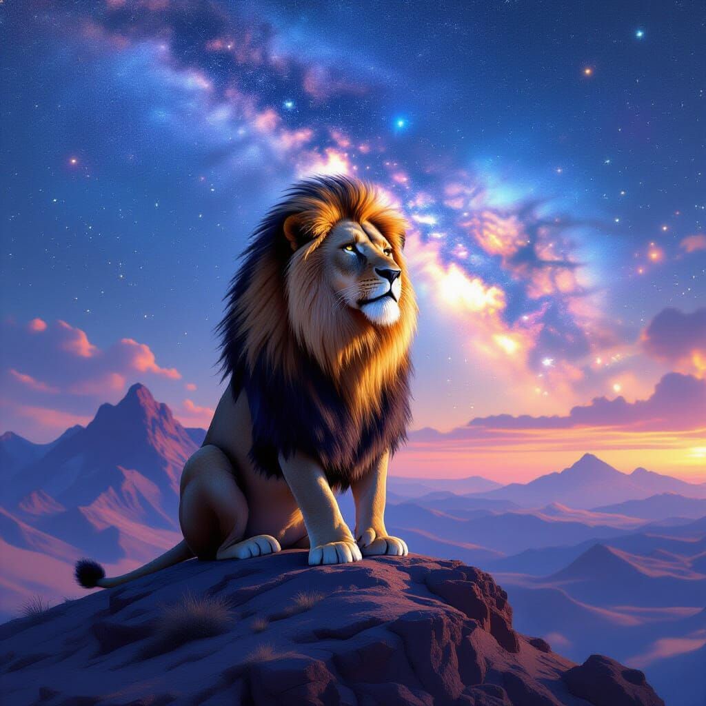 Majestic Lion on Cosmic Mountain Peak