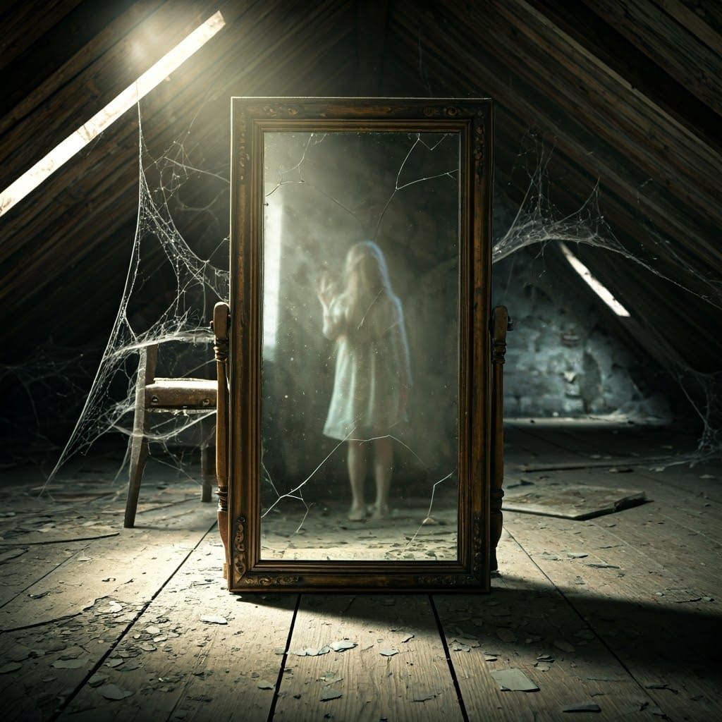 Cursed mirror in an abandoned attic reflecting a ghostly figure  by @Uttia Majumdar