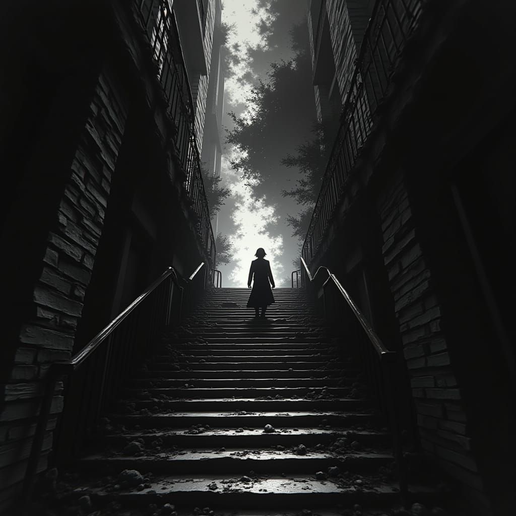 <lora:Alfred Glitchcock:1.0> stairway to hell in the style of Alfred Glitchcock