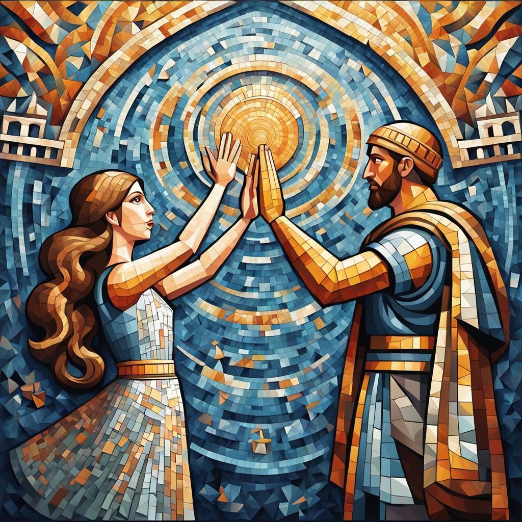 Anna Kendrick, Byzantine mosaic, giving a high five to a Gre...