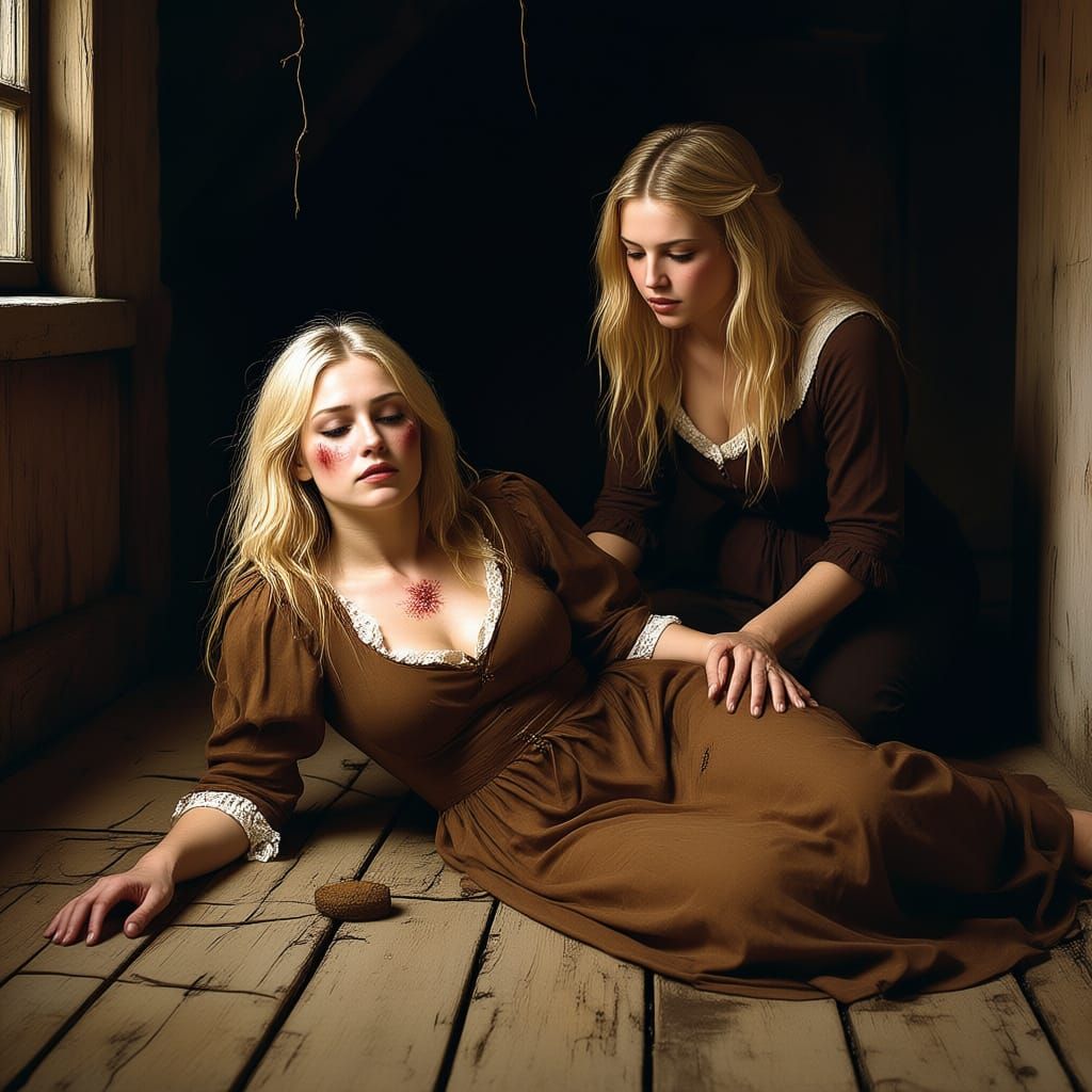 A blonde woman her hair matted full of twigs, wearing a torn old fasioned brown dress, and bruises all over her face lies on the floor, her ...
