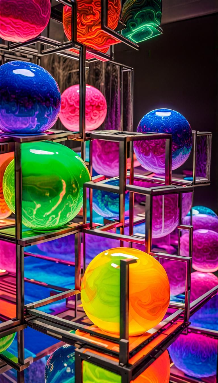 Rainbow Iridescent Neon Spheres Encased in a Huge Clear Glas...