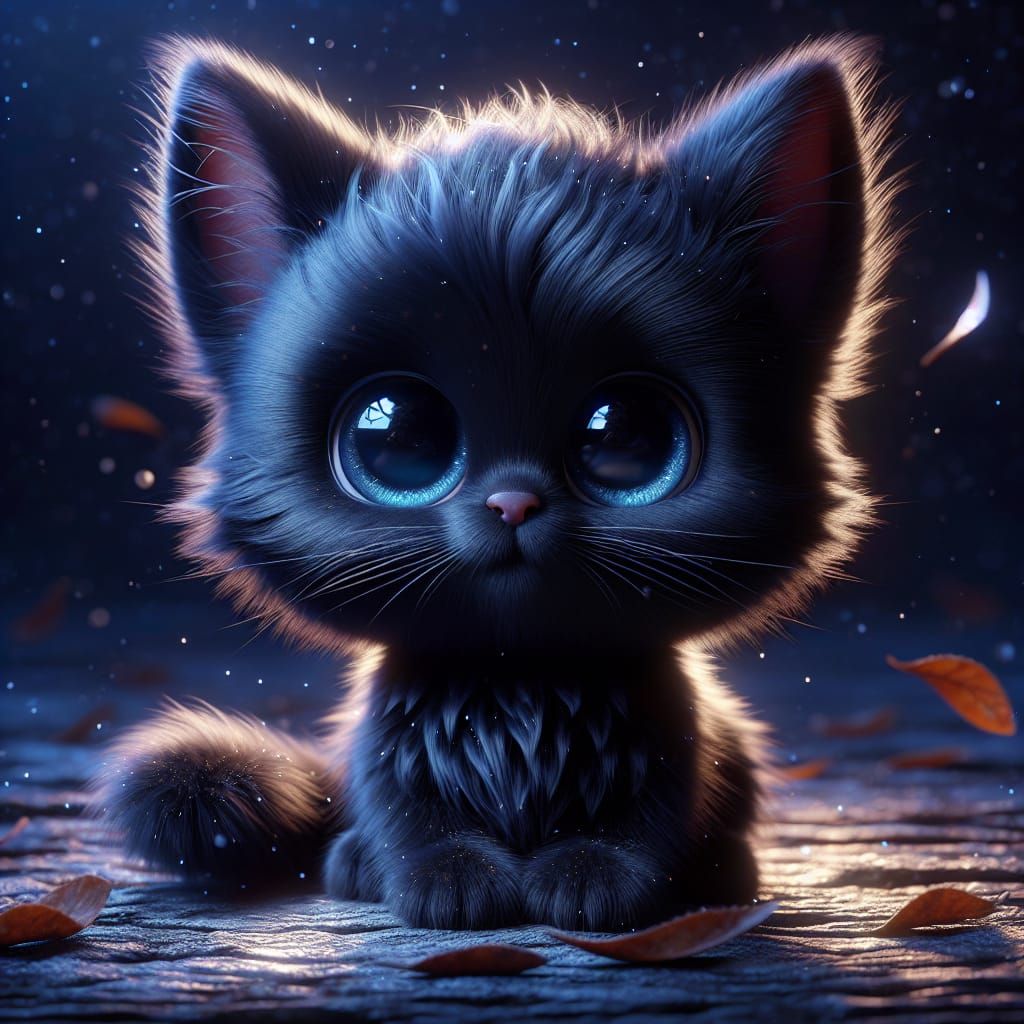 Adorable Black Kitten with Blue Eyes in Digital Art