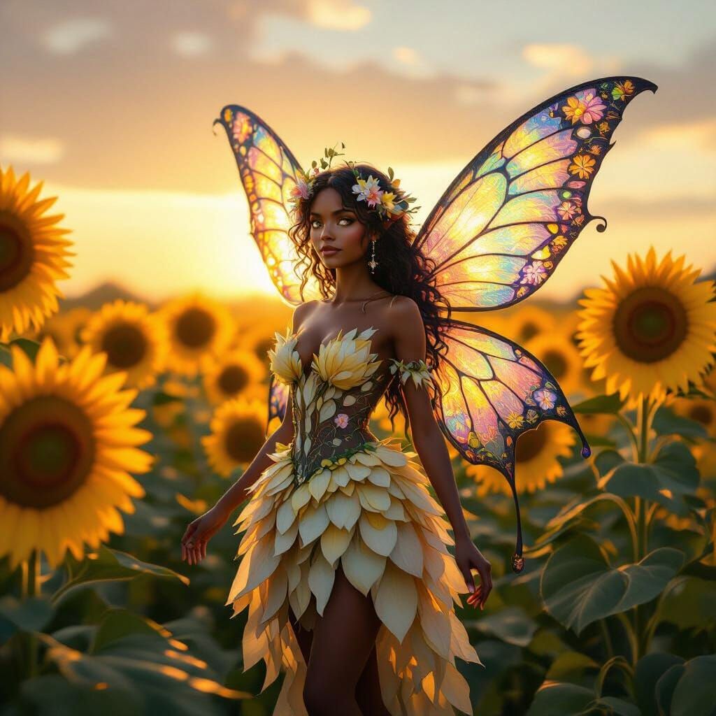 Dark skinned Fairy in sunflower field 
