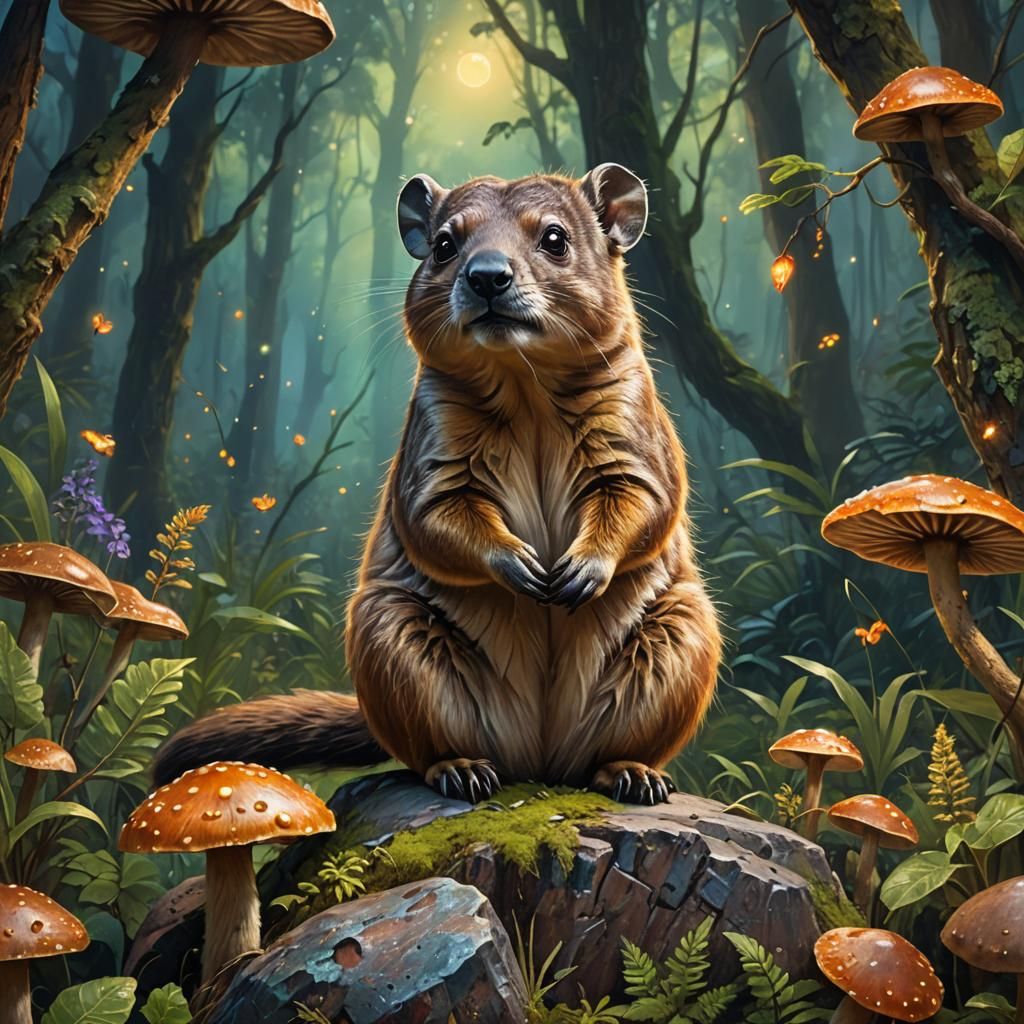 Rock Hyrax on Mushroom: Detailed Oil Painting