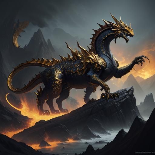 gold and black dragon, with girl next to it