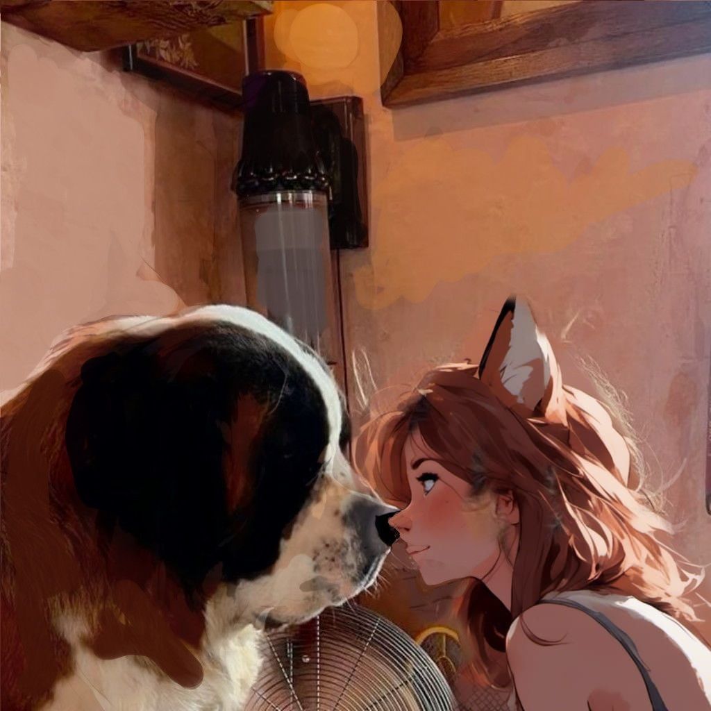 Fox-girl VIXEN eye to eye with a St. Bernard.