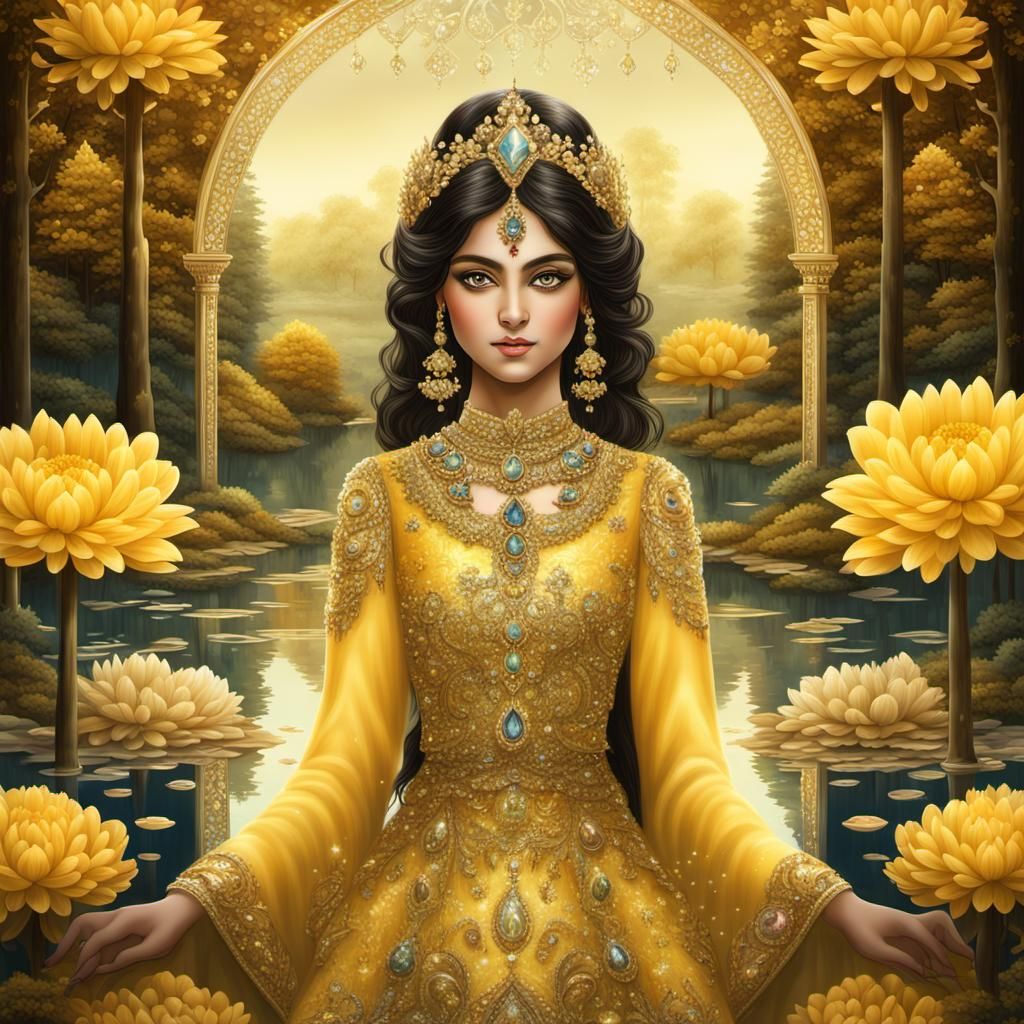 Ornate Persian princess in yellow and golden dress made of g...