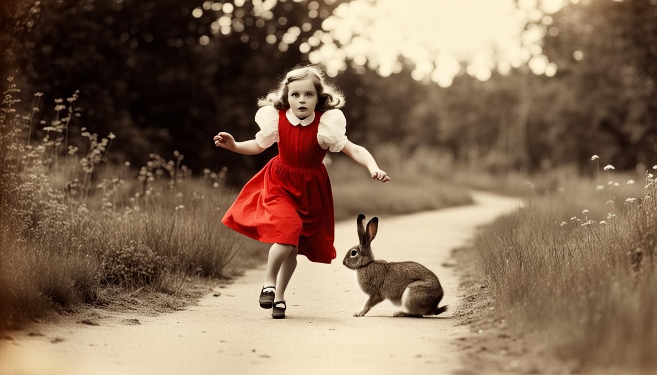 Alice in a red dress running after the rabbit retro1900s pho...