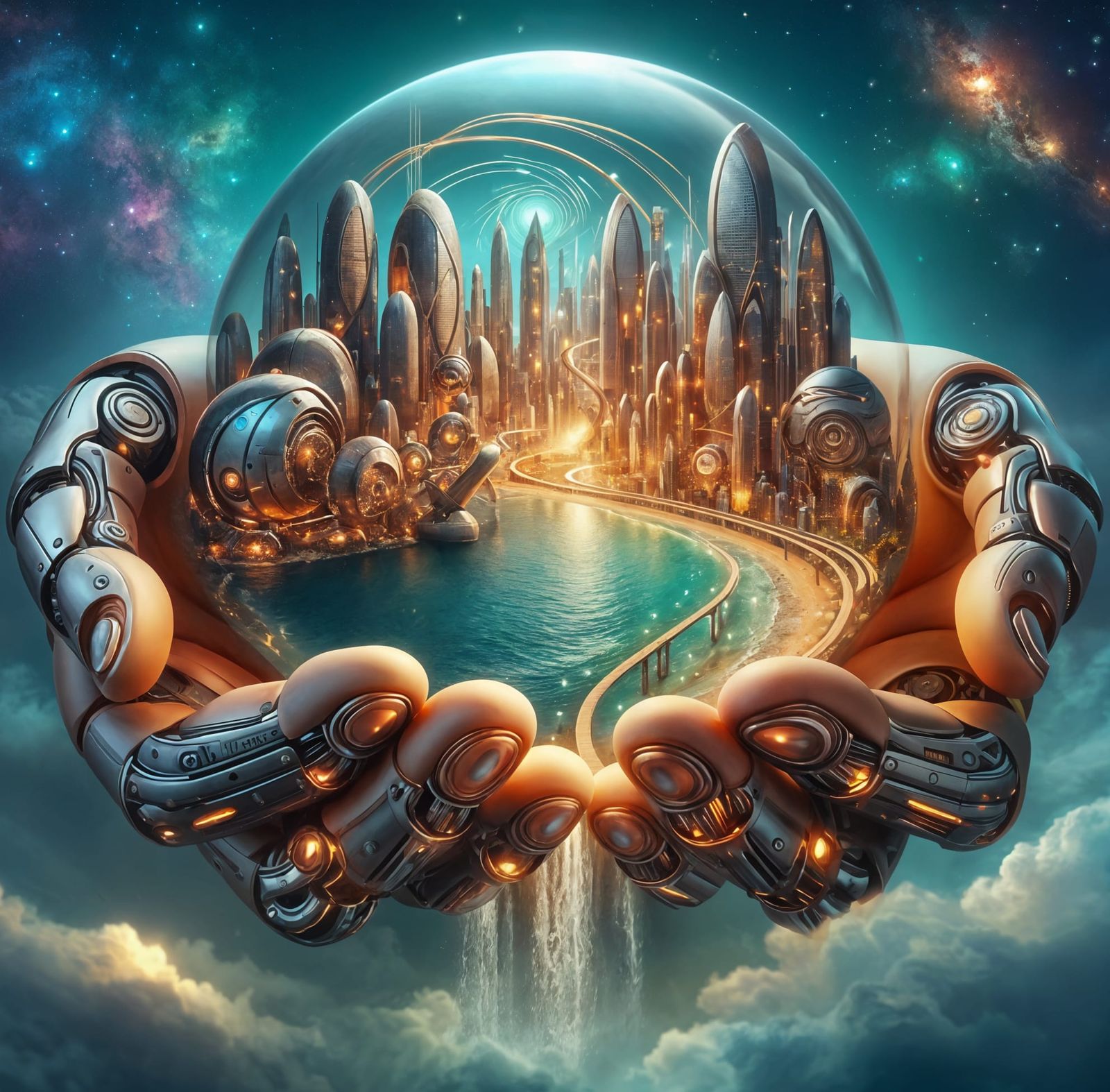 Cyborg Hands Hold a Domed City
