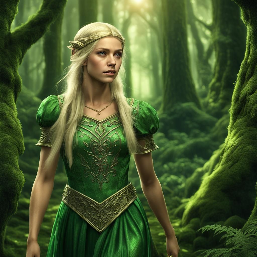 A beautiful blonde elf maiden in a shimmering green dress strolling ...