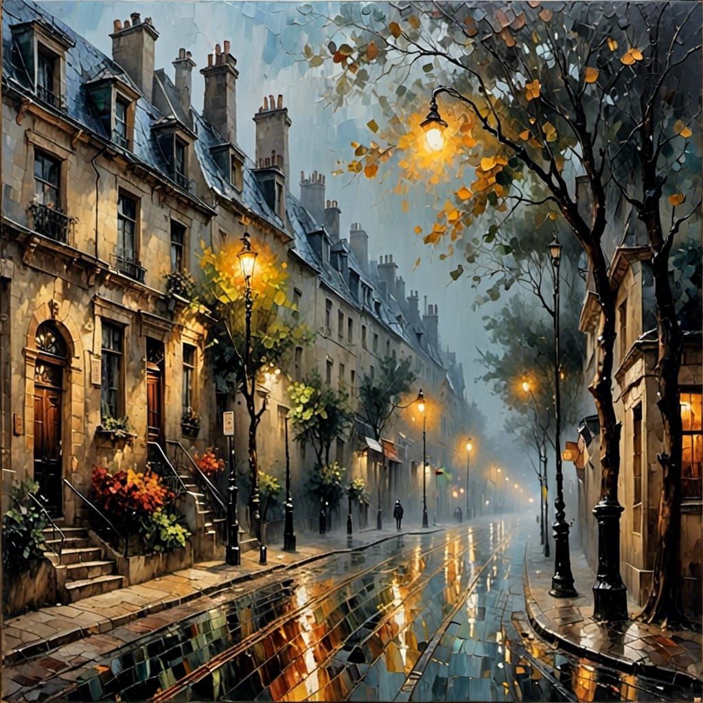 Foggy suburb lane with the streetlights on <lora:Impasto Painting:1.0> 