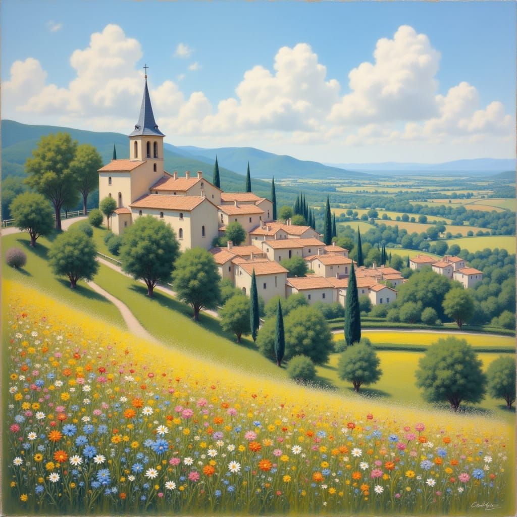 Imagine a 19th century southern French landscape seen from the top of a wildflower-bedecked hill overlooking a small village with a church. ...