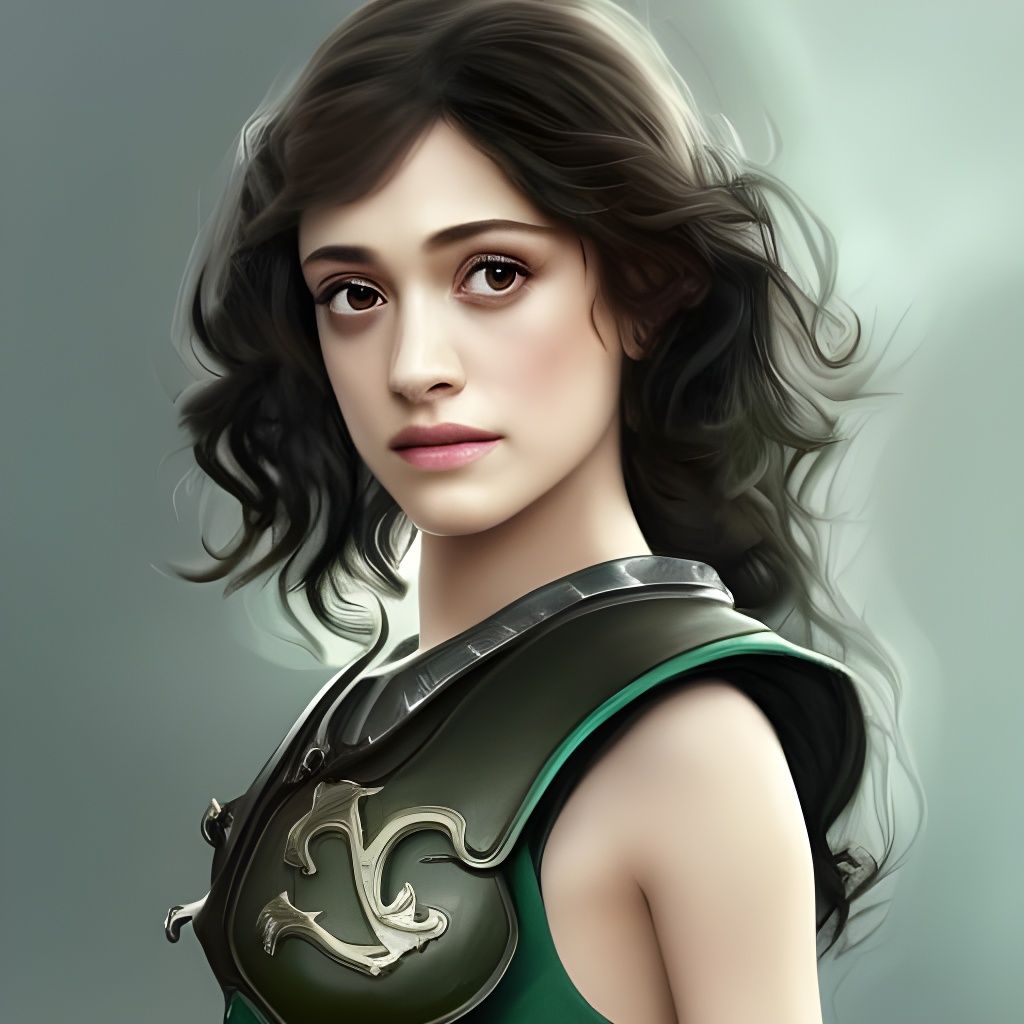 A young, cute Emmy Rossum, with black curly hair, grey eyes,...