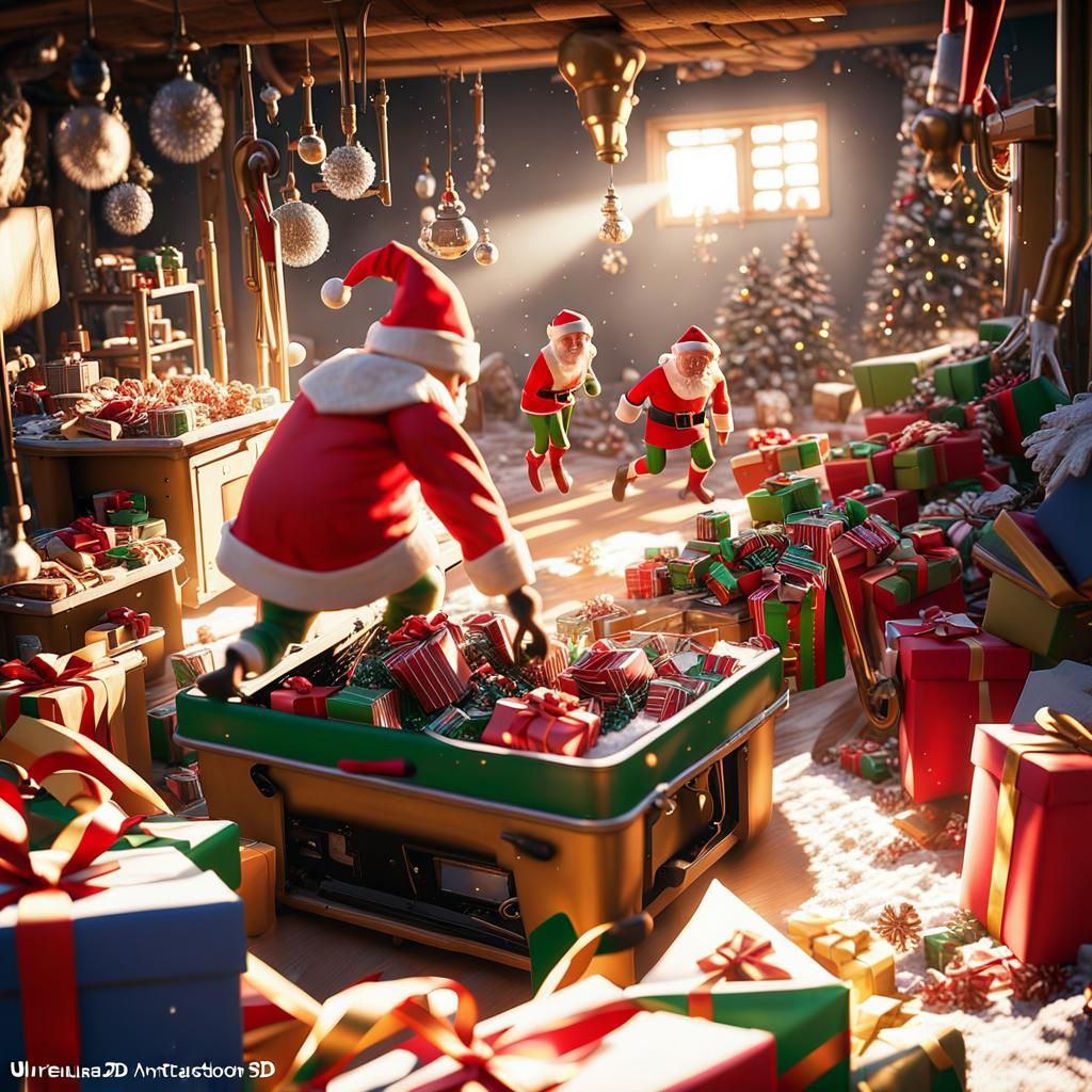 Elf's Christmas Machine Mishap: Hyper-Realistic 3D Art