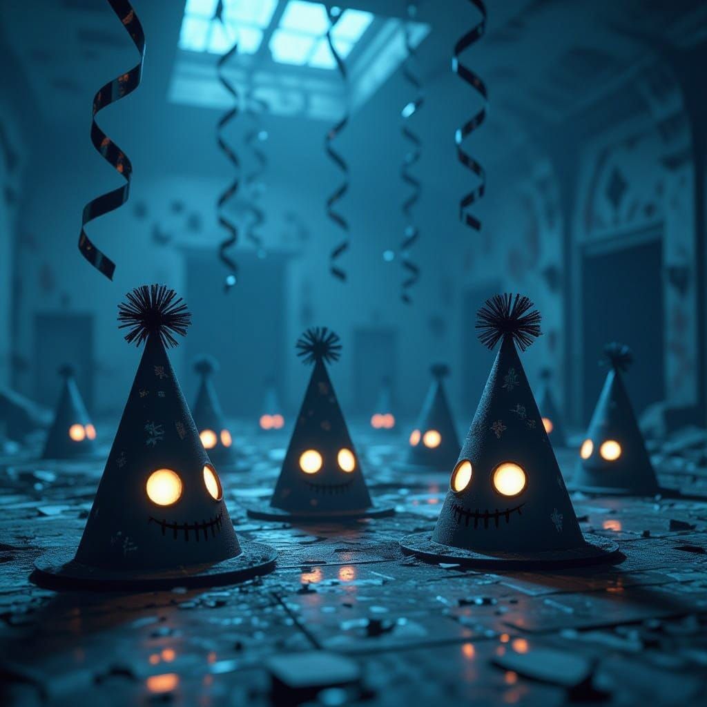 Party hats with stitched faces, tiny glowing eyes, spectral ribbons floating in the air, abandoned birthday hall, dark fantasy vibe hyper-de...