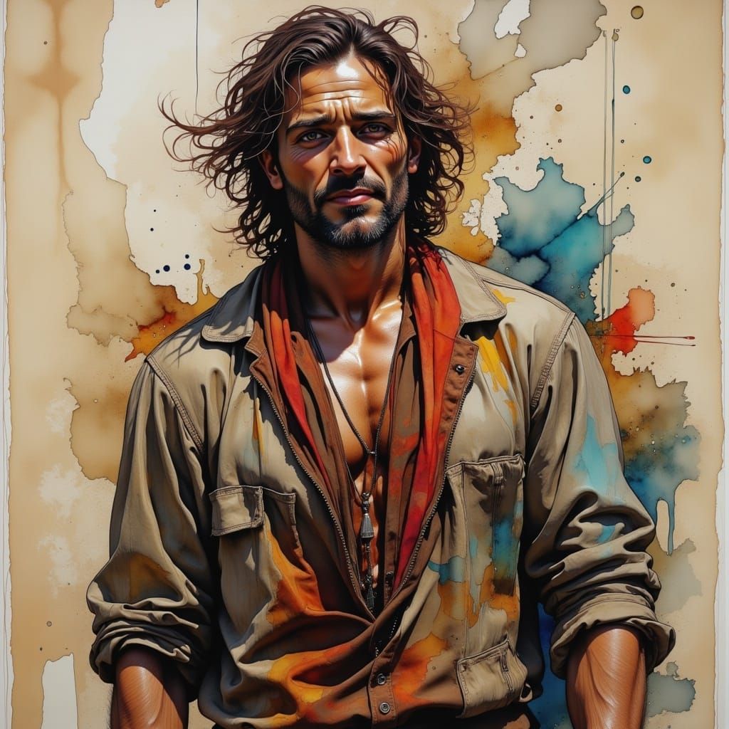 Closeup gorgeous gypsy man, half smile, Distorted Unbalanced Reality, Wadim Kashin, Willem Haenraets, handsome, athletic man <lora:Neurograp...