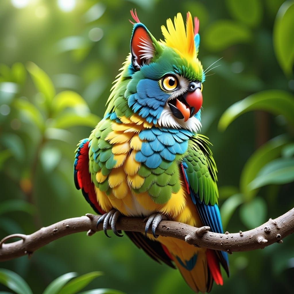 <lora:Flux Cat Parrot:1.0> Cat parrot hybrid, sitting on a branch