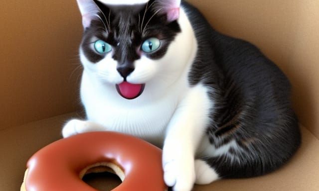 A cat protecting a donut.