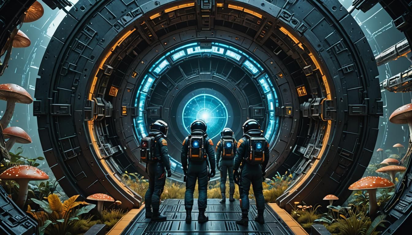 Cyberpunk astronauts look through a Stargate