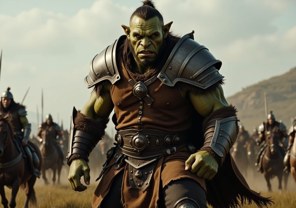 Orc from Lord of The Ring on the battlefield. Greenish brown skin. Wearing rags. Plate armor. Crooked nose. Ugly. Deformed.  Action scene. <...
