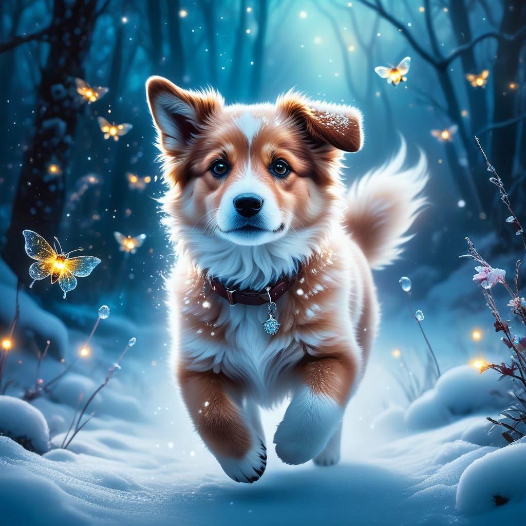 Ice puppy dog runs on snowy lake