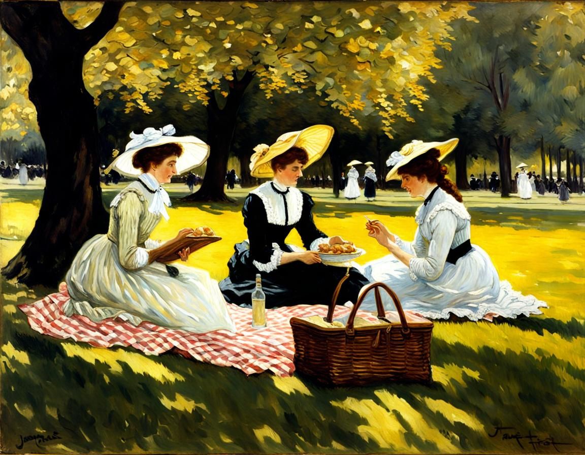 Three Ladies on a picnic in the park James Tissot painting