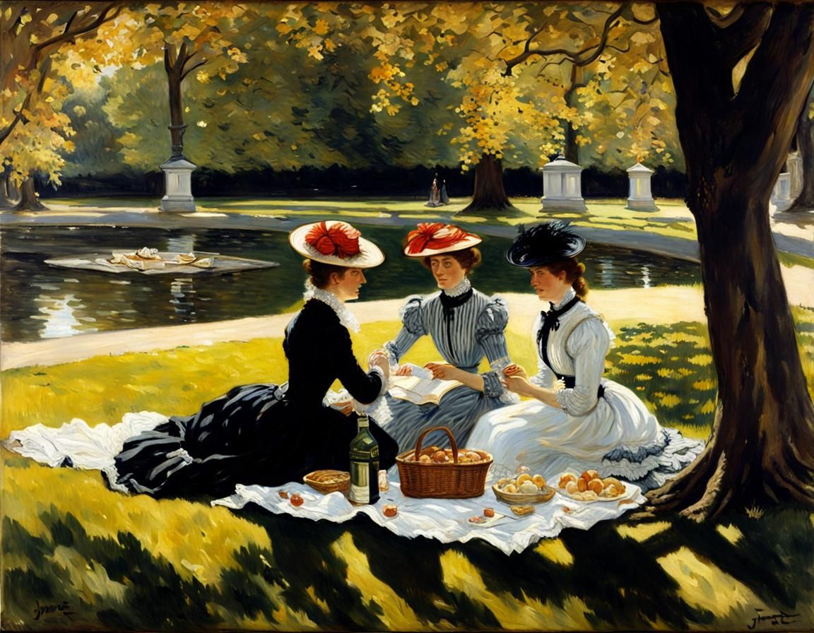 Three Ladies on a picnic in the park, James Tissot painting, academic ...