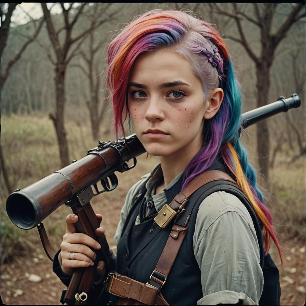 Fourteen year-old girl, rainbow hair, one side shaved, blund...