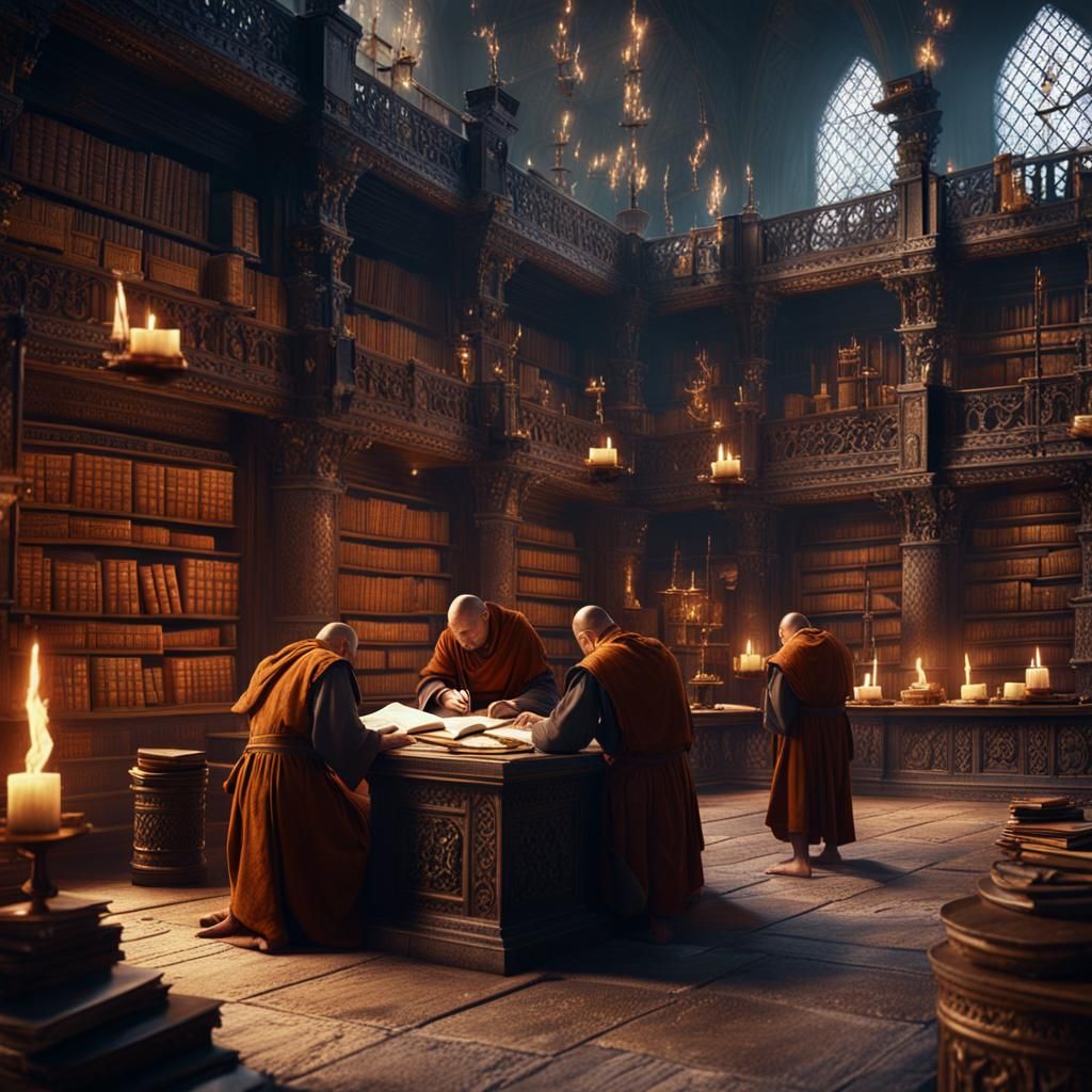 Monks writing a book in ancient library 1066 England detailed matte ...