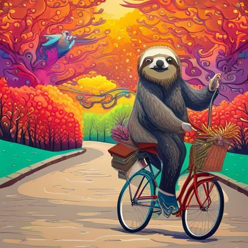 Psychedelic sloths riding bikes on a windy road lines with colorful trees  by @Dale