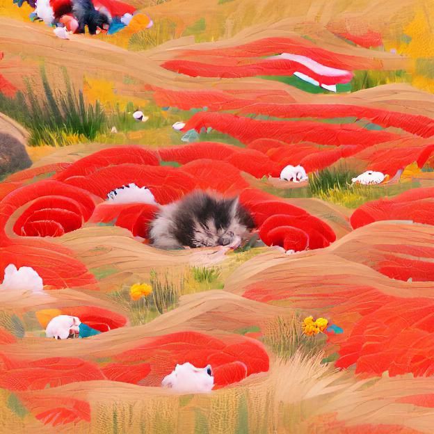 Black Cat Nap in Poppy Field Digital Art