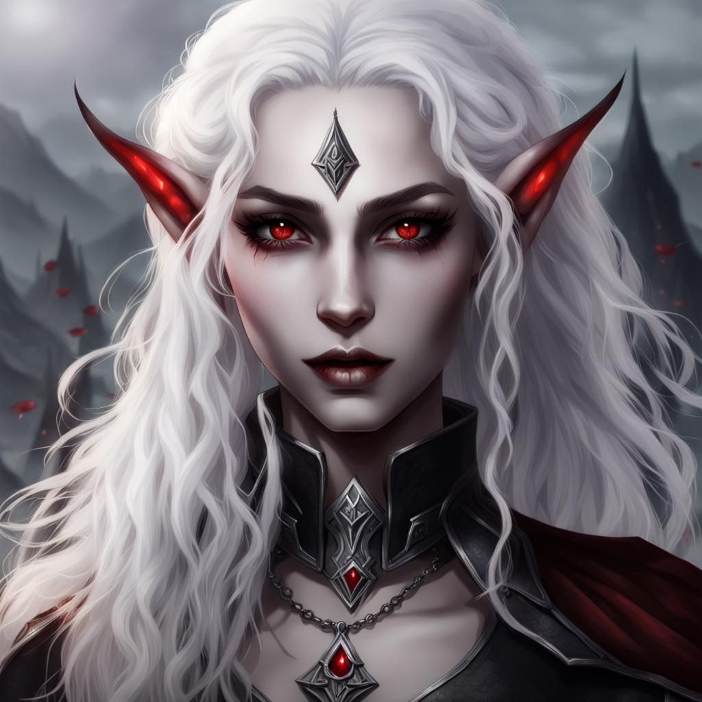 a young dark elf, female, long curly white hair, staring at the camera ...