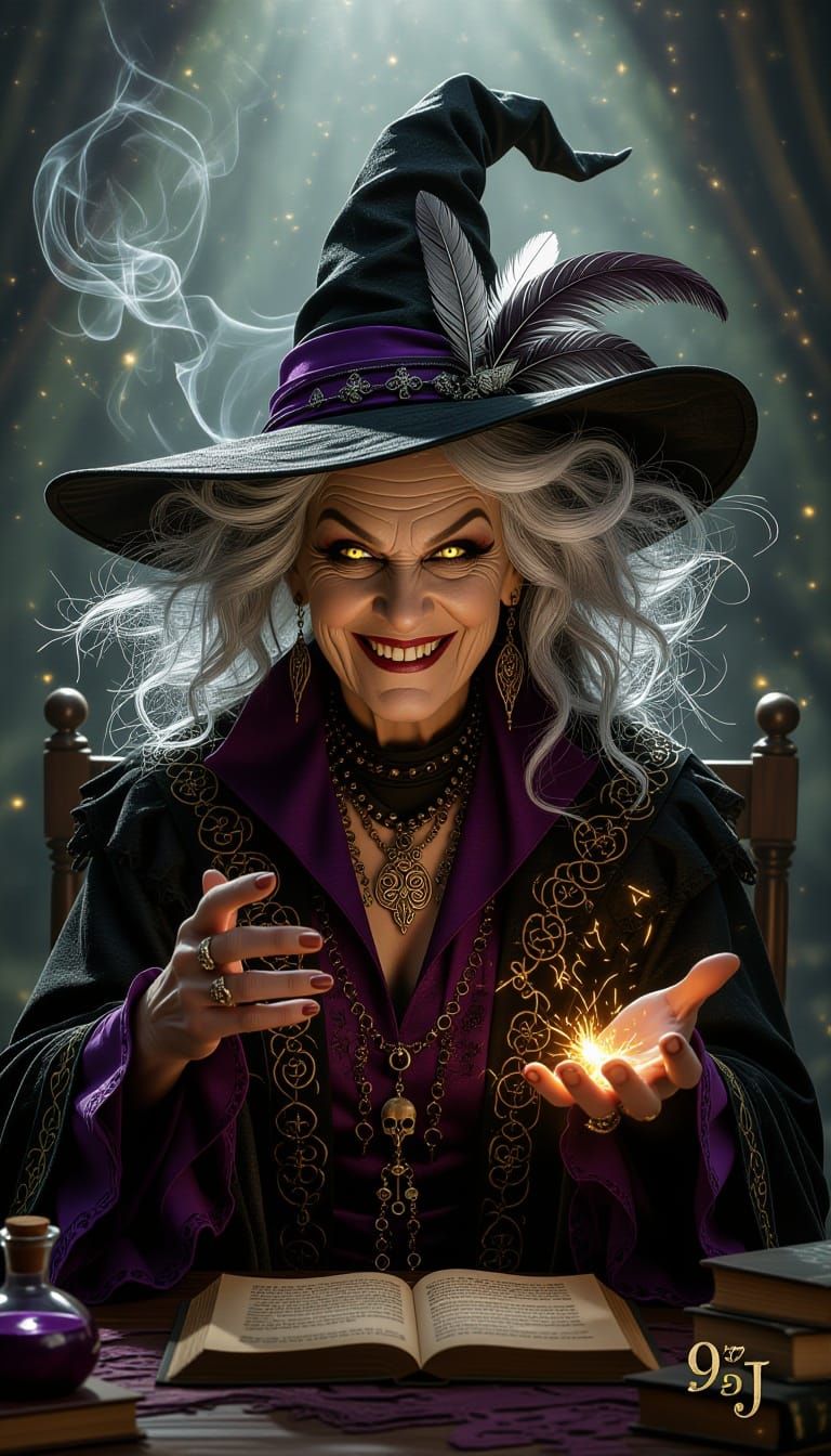 9:16 ultra-photorealistic portrait of a dramatic, witchy old crone with wild silver hair exploding from beneath a pointed, oversized hat ado...