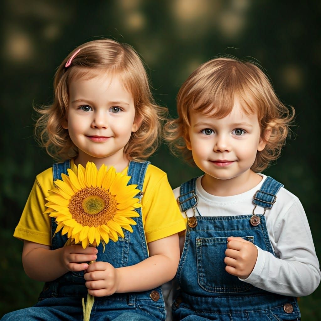 Joyful Children Hold Bright Sunflower in Intimate Portrait