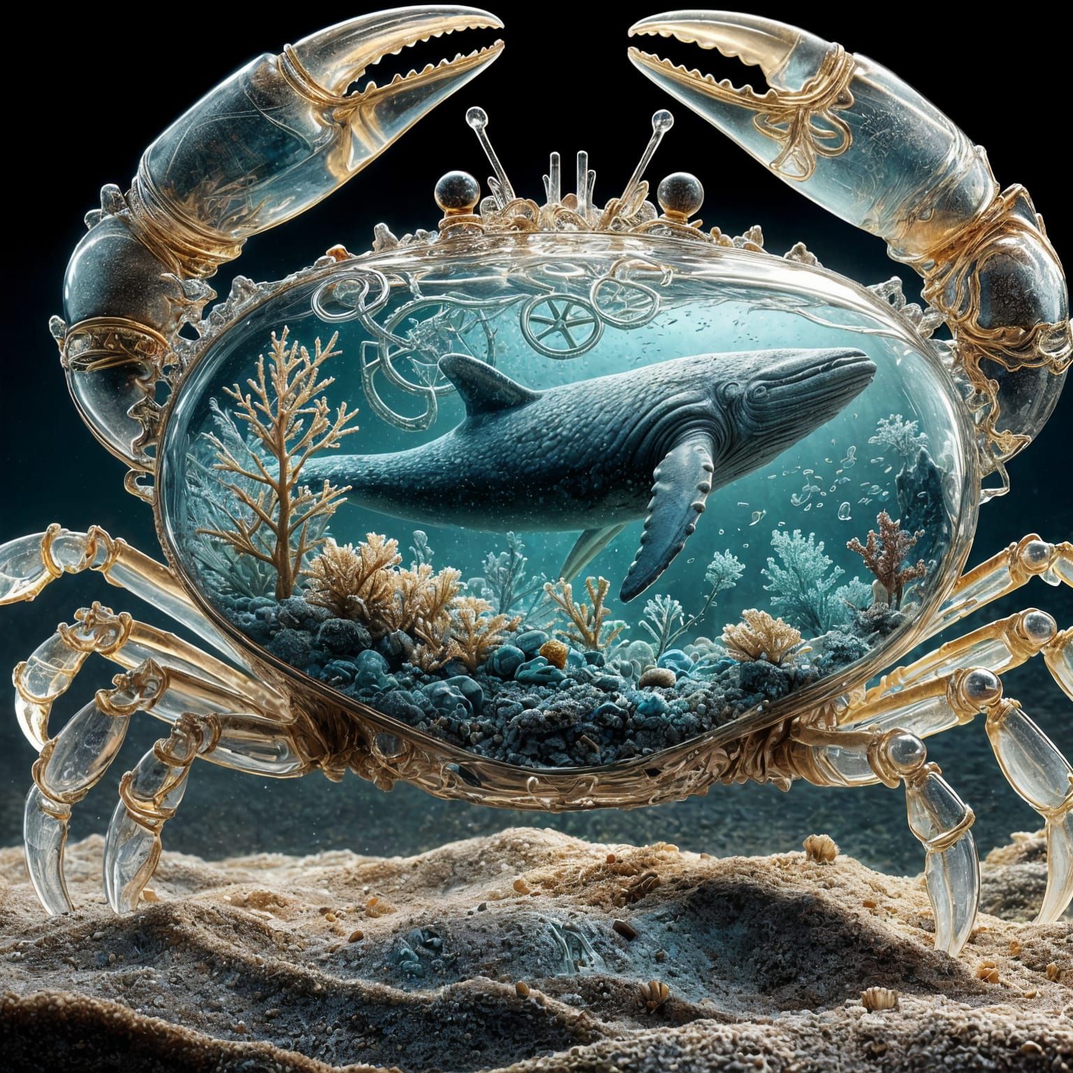 hyperdetailed fantasy art of Close-up antique glass crystal crab with a miniature underwater kingdom inside its glass body, coral reefs, a m...