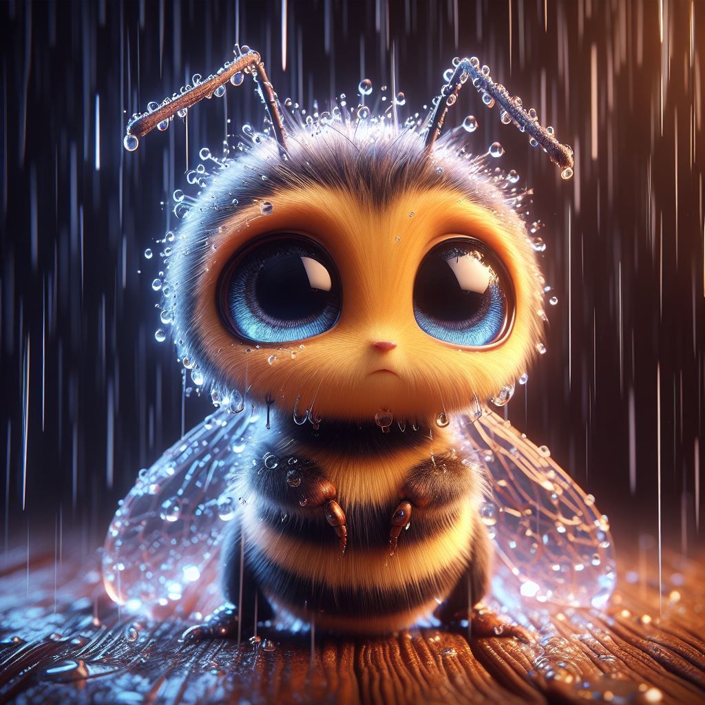 A bee under heavy rain