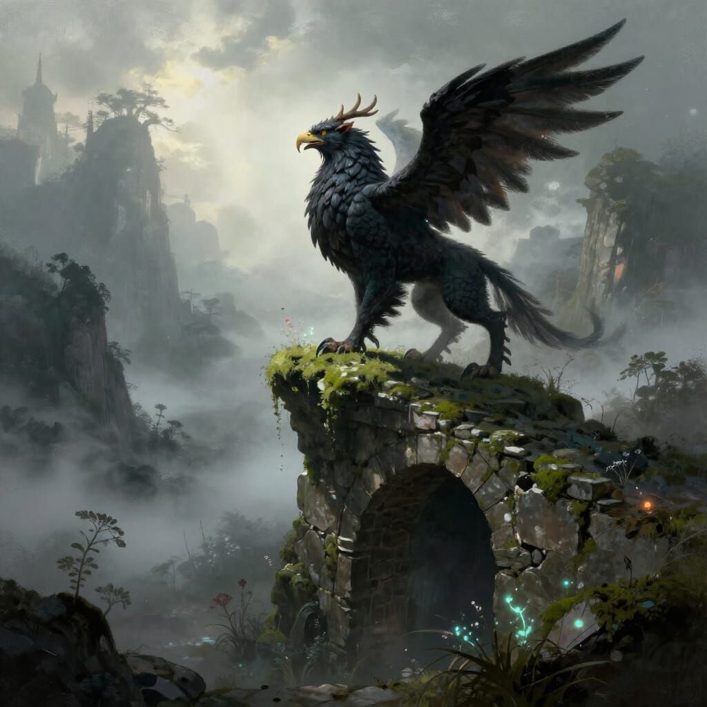 Griffin Over Misty Valley in Dark Fantasy Style