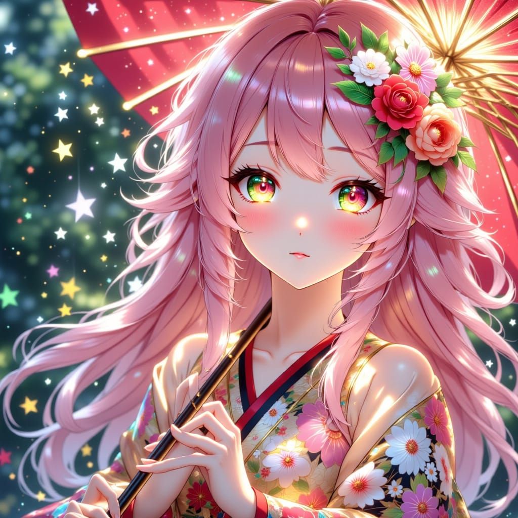 Anime Woman in Kimono with Umbrella in Rain