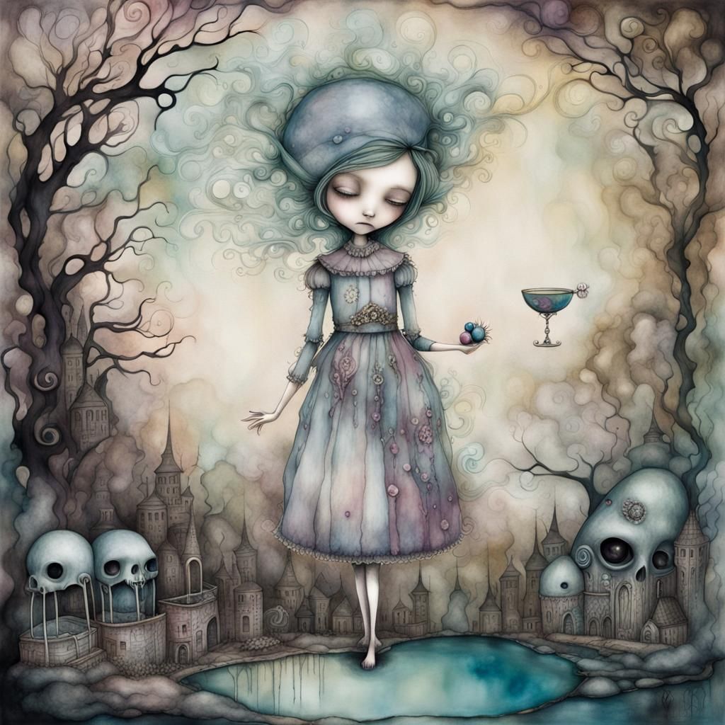 Painting of a girl on a swing in the rain by Andy Kehoe and Tim Burton. Vibrant pop surrealism, weird autumn, gloomcore illustration, folklo...