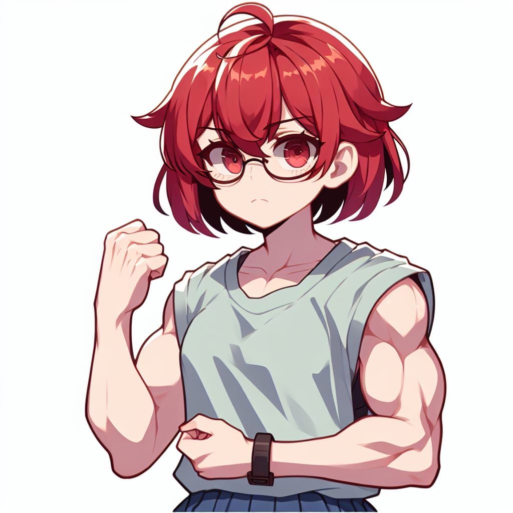 red haired tomboy girl with sleeveless shirt and strong musc...