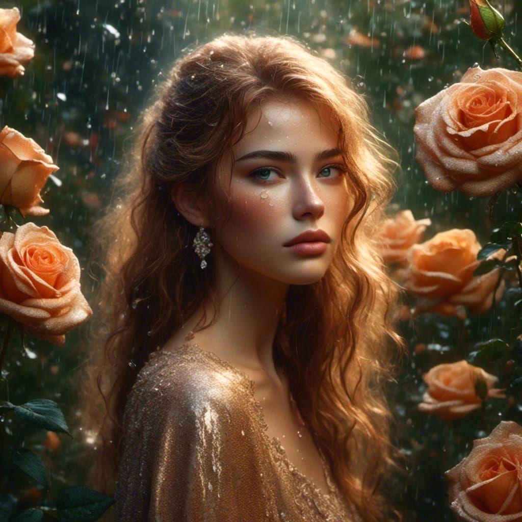 <lora:Aura:1.0>A woman, draped in a lavish, flowing gown, with delicate lace and intricate embroidery, stands amidst a lush, vibrant garden,...