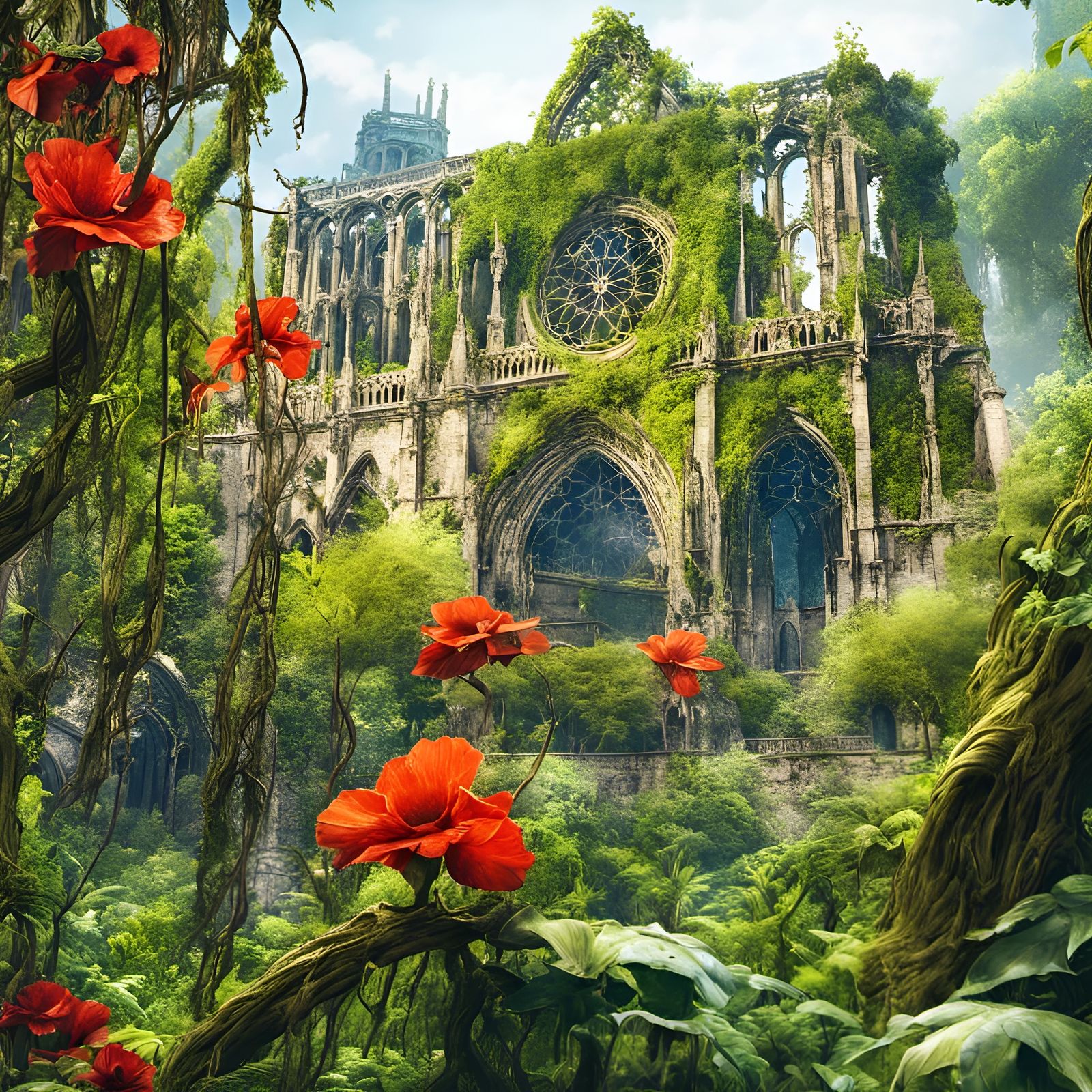 Overgrown Cathedrale Notre-Dame-de-Paris covered in vines  and moss Ruins in Luxuriant Jungle, post-apocalyptic ...  by @Christine Gauthier