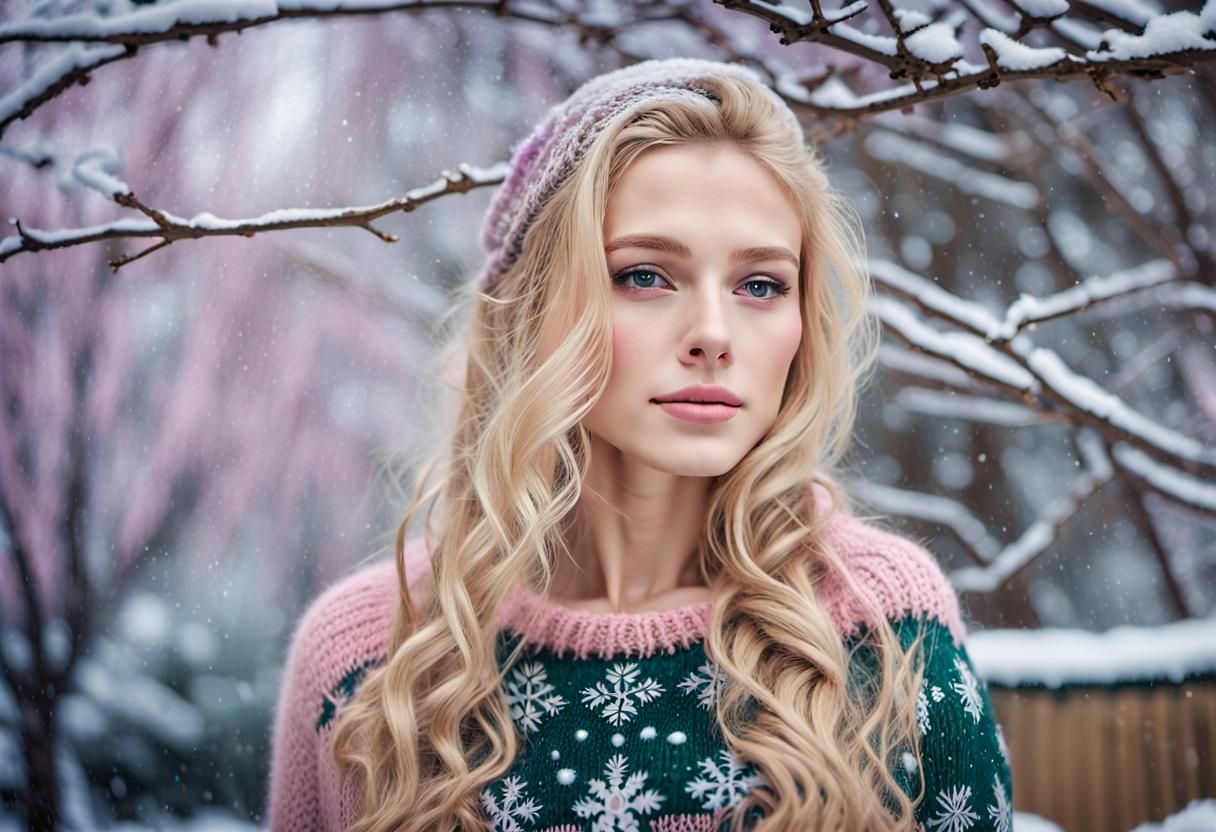 The Subject Of The Photo Is A Blond With Long Hair And Pink Wet Lips Wearing A Textured Pink